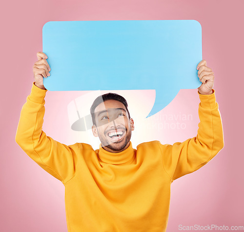 Image of Speech bubble, wow and man or student presentation, news or announcement for college opportunity. Excited, quote and information of happy person for university communication on studio pink background