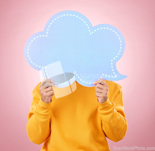 Image of Speech bubble, thinking and person presentation, chat or social media forum for college opportunity. Ideas, information and student for university FAQ or did you know mockup on studi0 pink background