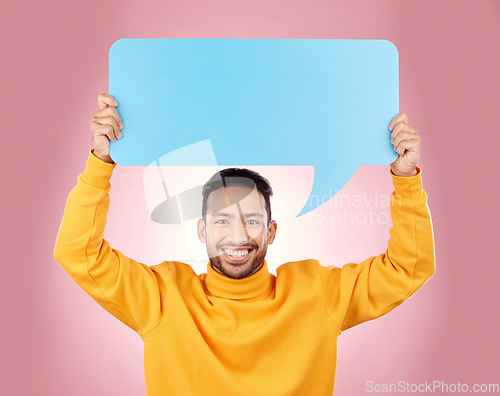 Image of Speech bubble, voice and man or student presentation, news or announcement for college opportunity. Portrait, information and happy person, university FAQ or communication on studio, pink background