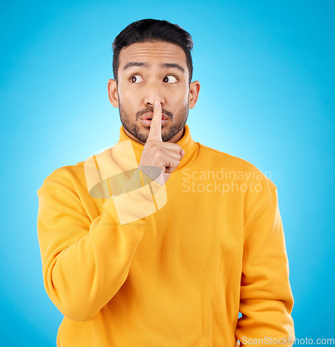 Image of Secret, man and finger on lips for privacy, confidential information or sign with hand to whisper, gossip or quiet voice. Announcement, emoji or person for communication, noise or silence of sound