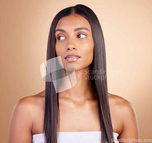 Image of Woman, hair care and face for beauty, skincare or cosmetics for skin to glow, shine or collagen in shampoo for healthy texture. Haircare, model and mockup of girl in salon for treatment or makeup