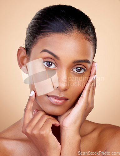 Image of Portrait, beauty or Indian woman with natural facial glow with dermatology skincare cosmetics in studio. Aesthetic face, brown background or gen z girl model with wellness, shine or self love glow