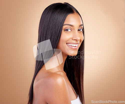 Image of Beauty, smile and hair with portrait of woman in studio for shampoo, salon and hairstyle. Skincare, cosmetics and self care with face of female model on brown background for makeup, glow and spa