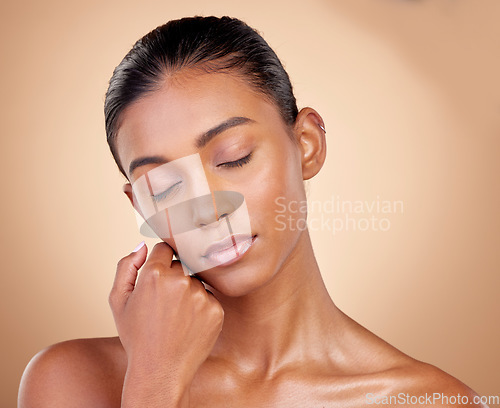 Image of Relax, beauty or Indian woman with natural skincare or facial glow with dermatology cosmetics in studio. Eyes closed, mockup or face of gen z girl model resting or sleeping with wellness or self love