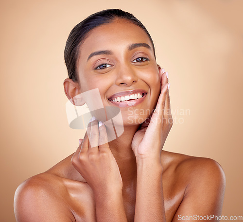 Image of Portrait, skincare and woman with cosmetics, smile and dermatology on a brown studio background. Face detox, female person or model with makeup, shine or glow with luxury, self care or natural beauty