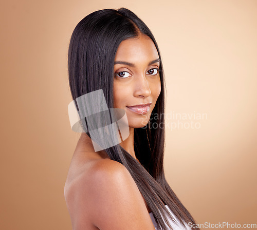 Image of Woman, hair care and portrait for beauty, skincare or cosmetics for skin to glow, shine or collagen for healthy texture and growth. Haircare, model and mockup of girl with results from treatment