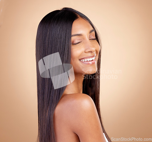 Image of Beauty, happy and hair with face of woman in studio for shampoo, salon and hairstyle. Skincare, cosmetics and self care with female model on brown background for makeup, glow and spa treatment