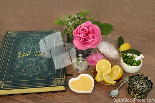 Image of Love Potion Preparation for Magic Spell with Ingredients  