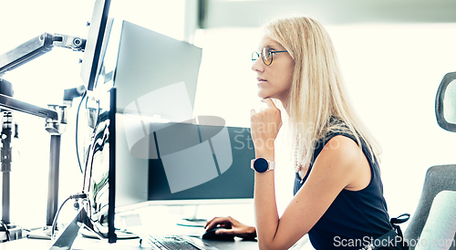 Image of Female financial assets manager, trading online, watching charts and data analyses on multiple computer screens. Modern corporate business woman concept.