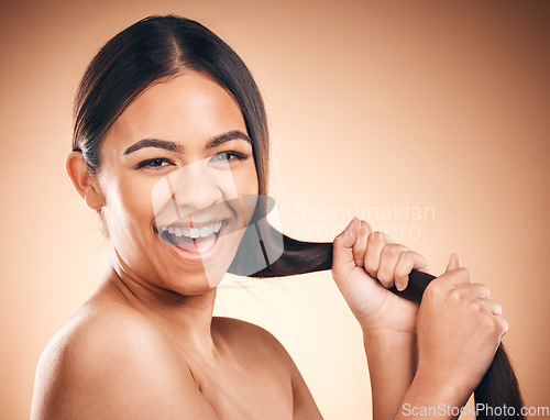 Image of Face, hair care and excited woman with texture in studio isolated on a brown background. Hairstyle, natural cosmetic and portrait of happy model with salon treatment for balayage, growth or aesthetic