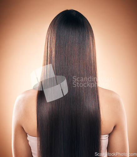 Image of Back, straight hair and beauty of woman in studio isolated on a brown background. Haircare, natural cosmetics and model with salon treatment for balayage hairstyle, growth and aesthetic for wellness