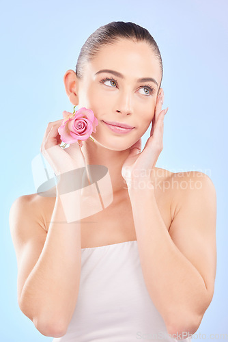 Image of Woman, beauty and rose for skincare in studio, eco plant cosmetics and natural aesthetic on blue background. Face, female model and thinking of pink flowers, sustainable shine and floral dermatology
