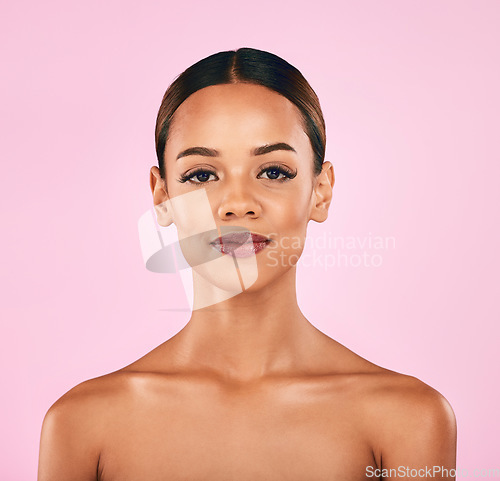 Image of Skincare, natural beauty and portrait of woman with makeup, wellness and glow on pink background. Cosmetics, dermatology and model with luxury facial care results and healthy spa aesthetic in studio.