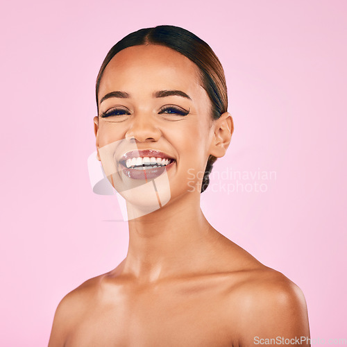 Image of Skincare, beauty and portrait of happy woman with makeup, wellness and glow on pink background. Cosmetics, dermatology and model with luxury facial care results and healthy spa aesthetic in studio.