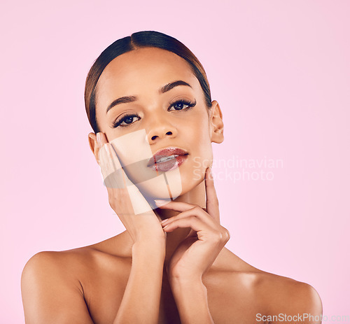 Image of Skincare, cosmetics and portrait of woman with makeup, wellness and glow on pink background. Natural beauty, dermatology and model with luxury facial care results and healthy spa aesthetic in studio.