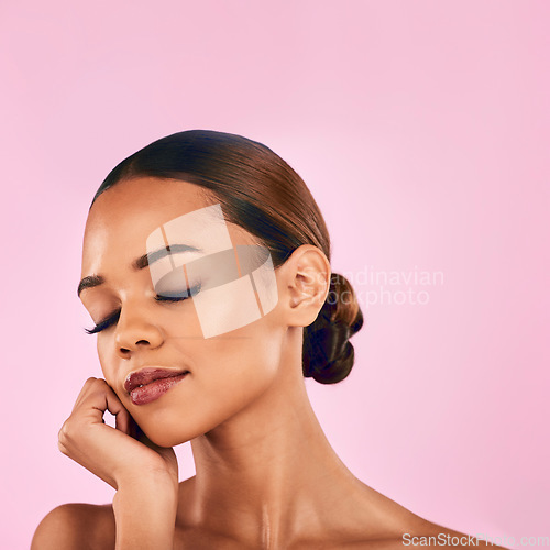 Image of Makeup, calm and a woman on a studio background for beauty, spa marketing or skincare. Peace, relax and face of a young girl or model for cosmetics advertising or aesthetic isolated on a backdrop