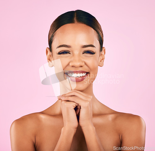 Image of Skincare, makeup and portrait of happy woman with natural beauty, wellness and glow on pink background. Cosmetics, dermatology and model with smile, luxury facial care and spa aesthetic in studio.