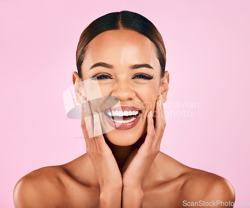 Image of Skincare, beauty and portrait of happy woman with makeup, wellness and glow on pink background. Cosmetics, dermatology and model with smile on face, luxury facial care and healthy aesthetic in studio