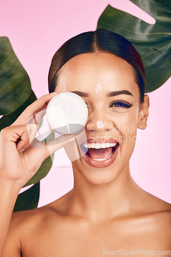 Image of Beauty, cream and happy portrait of woman with skincare and cosmetics for facial care, dermatology or treatment on background. Face, smile and healthy girl with product, lotion or moisturizer on skin