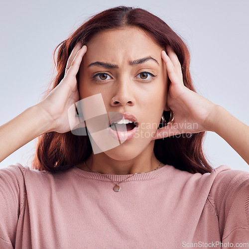 Image of Wow, mistake and young woman in studio with hand on head for anxiety, stress or panic. Portrait and face of a shocked female model person on a white background with doubt, worry and problem or fail