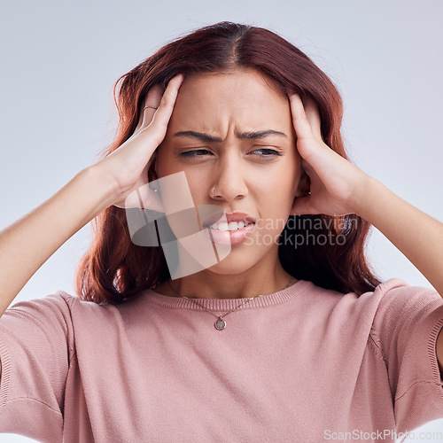 Image of Woman, pain and headache, stress or health problem with brain fog or anxiety isolated on white background. Crisis, disaster and female person with a migraine, sick and dizzy with fatigue in studio