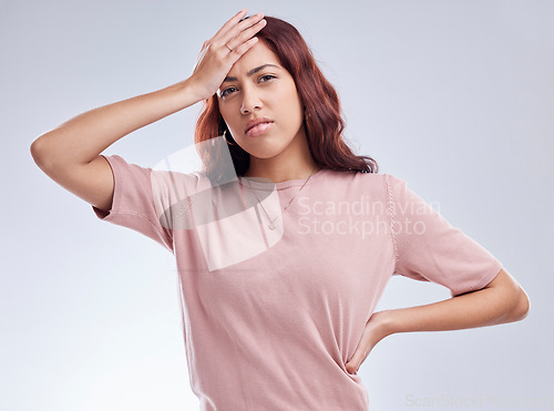 Image of Mistake, regret and young woman in studio with hand on head for anxiety, stress or panic. Portrait of a female model person on a white background with doubt, negative mindset and problem or fail