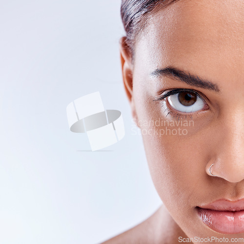 Image of Portrait, mockup or woman with natural beauty or wellness in studio isolated on white background. Dermatology, advertising space or face of girl model with facial skincare cosmetics or glowing shine