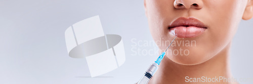 Image of Lip filler, injection and beauty banner, woman and cosmetic surgery and dermatology on white background. Face, skincare and syringe, female model and mockup space with liquid collagen in studio