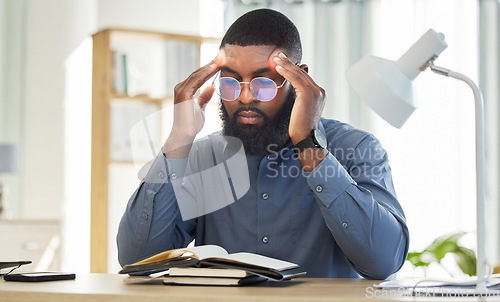 Image of Headache, notebook or black man frustrated with stress, burnout or depression in office with glasses. Migraine, head pain or depressed businessman worried by mistake, tax risk or financial crisis