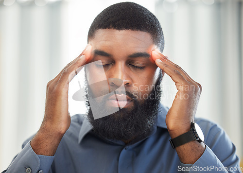 Image of Business, pain and black man with a headache, burnout and audit deadline with health problem, emergency and stress. Male person, employee and consultant with a migraine, medical issue and overworked