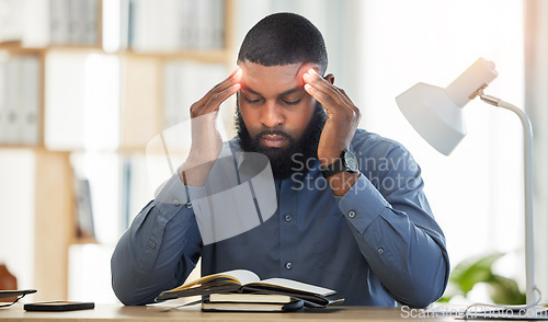 Image of Business, health and black man with a headache, burnout and audit deadline with emergency overworked and suffering with pain. Male person, employee and migraine with medical issue, office and stress