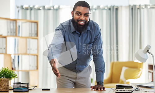 Image of Black man, open handshake or portrait of businessman for welcome, deal or onboarding in office. Hand gesture, CEO or human resources manager with respect, hiring opportunity or partnership agreement