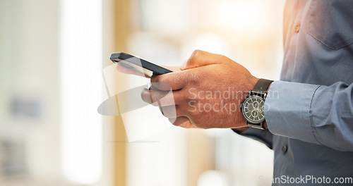 Image of Hands, business man and search smartphone with social network, mobile website and internet contact. Closeup of office worker, cellphone user and reading corporate news app while typing information