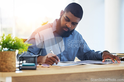 Image of Business, planning and black man writing, brainstorming and schedule for project, contract and ideas. Male person, lawyer and employee with a notebook, focus and strategy for company development