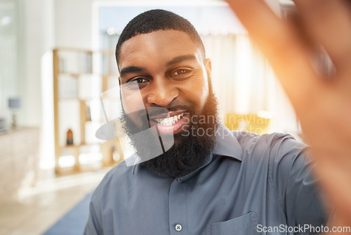 Image of Black man, business and selfie with a smile on face of an influencer person at work. Portrait of an African guy or entrepreneur with job satisfaction and pride for social media profile picture update