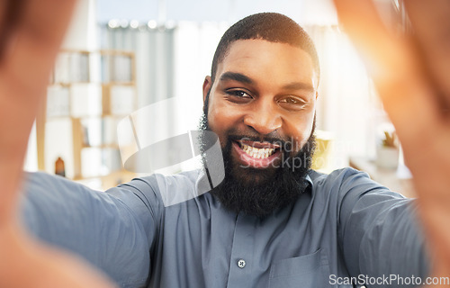 Image of Smile, face and selfie of a black man as a business or influencer person at work. Portrait of an African guy or entrepreneur with job satisfaction and pride for social media profile picture or update