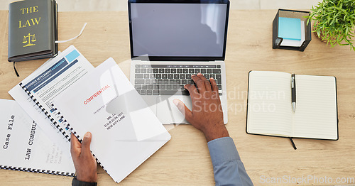 Image of Legal paperwork, divorce lawyer on laptop and top of desk, mockup with contract and settlement agreement. Documents, PC and notebook, person at law firm and workspace, website on screen and GDPR