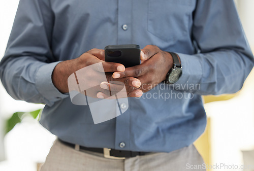 Image of Hands, business man and typing on cellphone for social network, mobile website and digital contact. Closeup of worker, smartphone user and reading corporate news app, information and download media