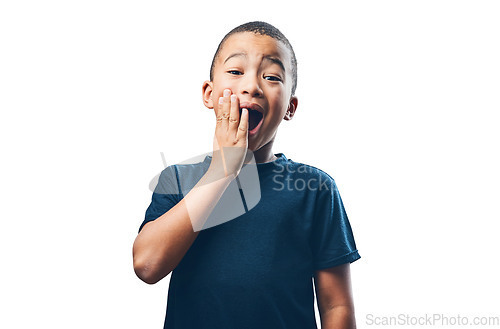 Image of Young boy, happy surprise in portrait and amazed with facial expression isolated on png transparent background. Shock face, wow and emoji, male child with wonder and reaction to news or announcement