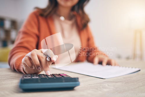 Image of Finance, woman and hands at calculator for budget, taxes report and accounting documents at home. Closeup of person, notes and planning savings, investment money or administration for financial bills