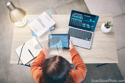 Image of Woman at desk with laptop, tablet and data analytics for research in business management in stock market trading. Technology, dashboard app to study graphs and charts, trader in office from above.