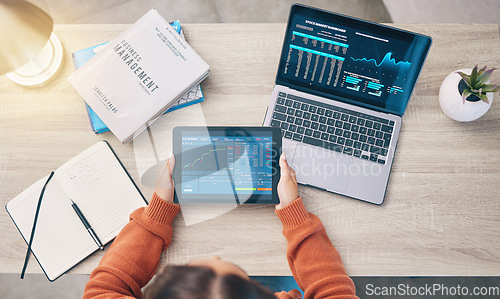 Image of Woman with laptop, tablet and data analytics for research in business management, stock market trading and software. Technology, dashboard with graphs and charts, trader at desk from above in office.