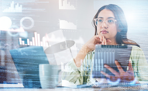 Image of Woman, thinking and overlay of data analytics, tablet and laptop for research in business management. Future technology, hologram with graphs and charts, trader at desk in office with digital info.