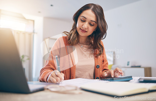 Image of Finance, writing and woman with calculator for budget, taxes report and accounting documents at home. Female person, notes and planning savings, investment money or administration for financial bills