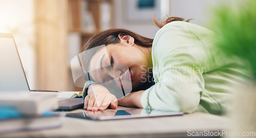 Image of Tired, sleeping and woman on laptop for remote work exhausted for project, report and working from home. Stress, overworked and female person with burnout for nap, relaxing and resting from fatigue