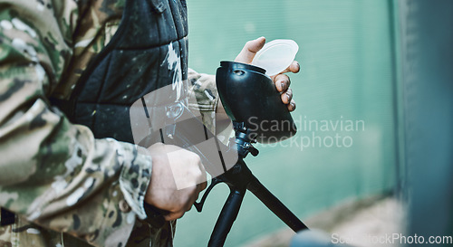 Image of Hands, paintball and gun with battle and military training, sports and combat with camouflage. Fitness, soldier and war games with warrior, mission and army person, challenge and hero with weapon