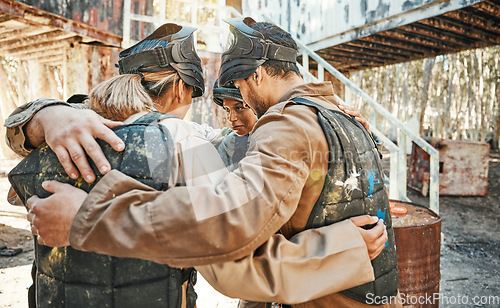 Image of Paintball game, group huddle and team support, discussion and talk about training challenge, battlefield collaboration or survival. War mission, friends circle and people listening to battle tactics