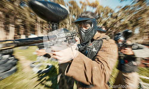 Image of Paintball, shooting and speed with man in playground for battlefield, mission and soldier. Sports, games and fast with person and gun gaming in arena for challenge, adventure and warrior training