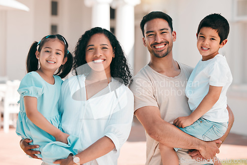 Image of Happy, family and portrait of parents with kids outdoor at house, home or backyard in summer or happiness on holiday. Man, woman and children with smile on face for bonding, quality time or vacation