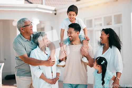 Image of Happy, love and big family together outdoor for fresh air in the backyard of their modern house. Happiness, smile and children bonding and posing with their grandparents and parents in garden by home